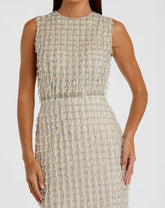 Beige Sleeveless High Neck Beaded Midi Sheath Dress